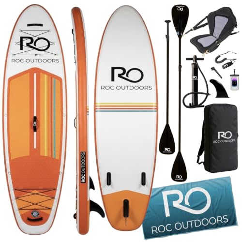 Image of Roc Inflatable Stand Up Paddle Board 10' 6 inch with Premium SUP Paddle Board Accessories, Wide Stable Design, Non-Slip Comfort Deck for Youth & Adults (Goldenhour W /Kayak Seat)