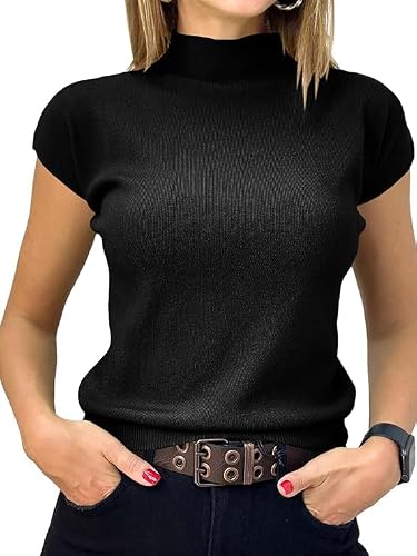 Saodimallsu Damen Pullover Kurzarm Sommer Strickpullover mit Stehkragen Einfarbig Slim Fit T-Shirt Oberteile Leicht Basic Strickshirts