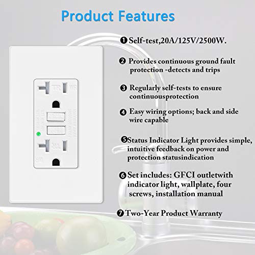 Self Test Gfci Outlet 20 Amp 10 Pack,Superink Safe Gfci Receptacle, Etl Listed, Tamper-Resistant, Weather Resistant Indoor Or Outdoor Use, Led Indicator With Decor Screwless Wall Plates,White #TOP1