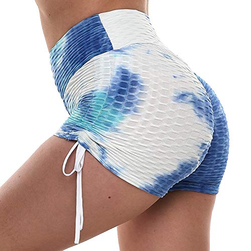 Women's Workout Yoga Shorts, High Waisted Tie Dye Scrunch Booty Shorts Ruched Butt Lift Athletic Running Shorts(Blue S)