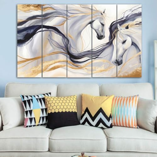 Image of Spacter 7 Horses Wall Painting for Living Room Big Size - 7 Running Horses Painting Vastu for Bedroom, Office, Hotel - Wall Decor Digital Painting Wooden Framed for Gifting (30x60inch)