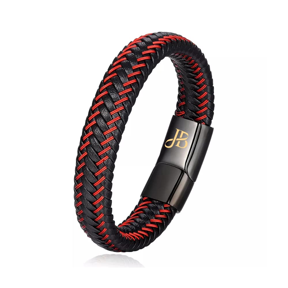 Bracelet Homme En Cuir Tressé Main Casisto.J - Noir Et Brun, Fermoir Magnétique Gravé, Cadeau En Boîte