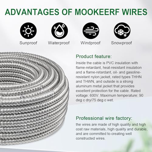Image of MOOKEERF 14 /3 MC Cable with Ground - 250FT Pure Copper 14AWG /3 Metal Clad Wire with Aluminum Armor 14 Gauge 3 Conductor Type MC Alum Cable