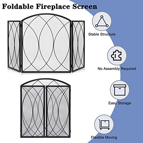 Feed Garden 3 Panel Fireplace Screen 52" W X 31.3" H Modern Foldable With Wrought Metal Decorative Mesh,Arch Heavy Duty Fire Spark Guard Cover For Home Decor Indoor, Black #TOP3
