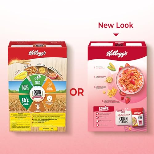 Image of Kellogg's Corn Flakes with Real Strawberry Pure | High in Iron, Vitamins B1, B2, B3, B6, C | Corn Flakes, Breakfast Cereal | Naturally Cholestrol Free, 300g / 345g (Weight May Vary) (Pack of 3)