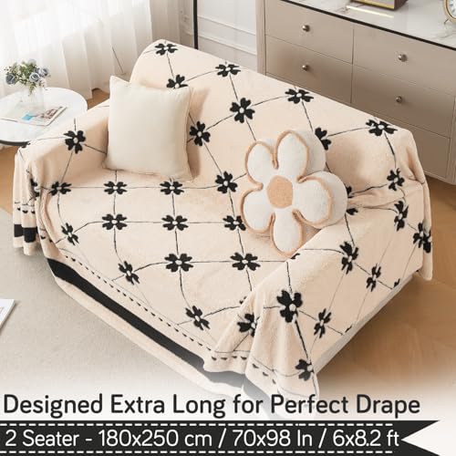 Image of HOKIPO Luxury Plush Sofa Cover Throw for 2 Seater Sofa | Soft Sofa Throw for Complete Sofa Protection, 'Noirea Series' Floral Lattice (180x250 cm) (AR-6652-D4)
