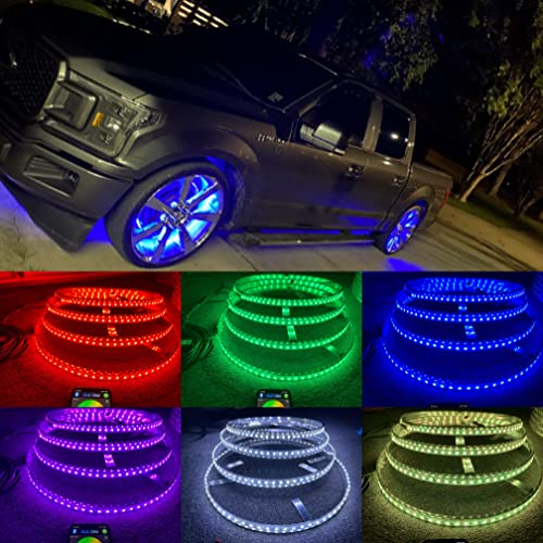 Sando Tech 15.5'' RGB+White LED Wheel Light kit Multi-Colors Rim Light Braking Functionand Flashing Wheel Ring Lights Tire Lights IP68 Waterproof Multi-Colors Blue-Tooth App Ctrl