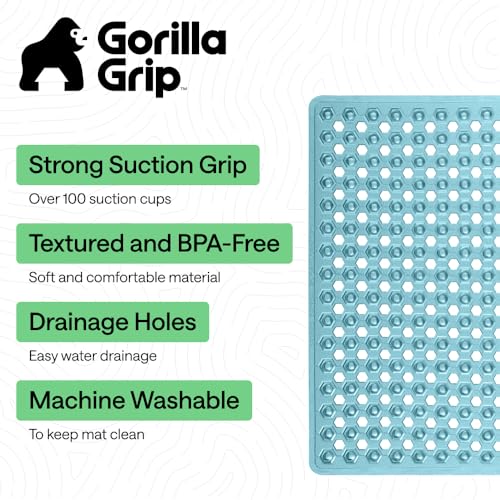 Image of GORILLA GRIP Patented Square Shower Stall Mat, Small Bathtub Floor Mats for Stand Up Showers, Suction Cups and Drainage Holes, Machine Wash, Soft on Feet, Bathroom Accessories 21x21 Inch, Turquoise