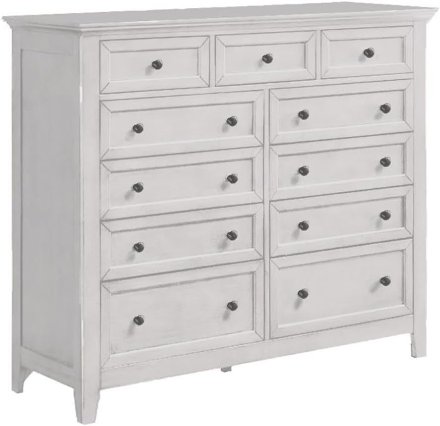 Pemberly Row Transitional 11-Drawer Gentlemen's Chest, Solid Wood, Rustic White Finish, 56" W x 19" D x 49.3" H, Smooth Ball-Bearing Glides, Bedroom Storage Furniture, Horizontal Dresser