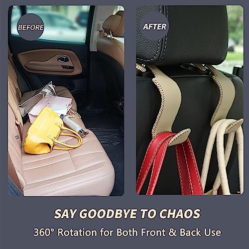 Image of Amooca Car Seat Headrest Hook 4 Pack Metal Core Hanger Universal Car Storage Organizer for Handbag Purse Coat S Type Leather Beige