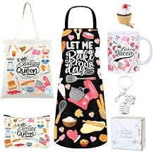 Coume 7 Pcs Baking Gifts for Women Cooking Gift Basket Kitchen Apron Baking Tote Bag Makeup Bag Coffee Mugs Keychain Cake Hair Clips Bake Gifts for Women Bakers Cooking Lovers