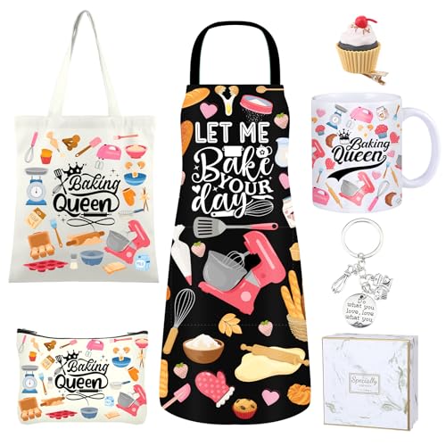 Coume 7 Pcs Baking Gifts for Women Cooking Gift Basket Kitchen Apron Baking Tote Bag Makeup Bag Coffee Mugs Keychain Cake Hair Clips Bake Gifts for Women Bakers Cooking Lovers