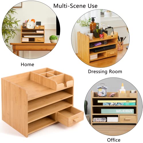 Encomle Bamboo Desk Organizer, 4 Tier Wood Desktop Storage Shelf With Drawer & Compartments For Stationeries, Office Home Supplies, Desk Accessories #TOP5