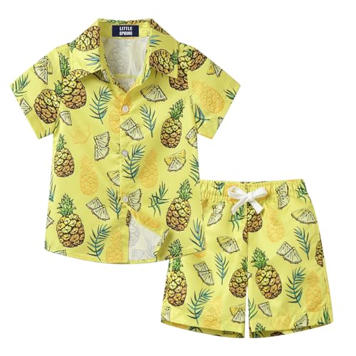 Image of LittleSpring Boys Summer Outfits Button Down Short Sleeve Hawaiian Shirts and Shorts Set