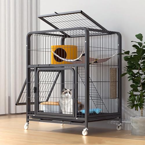 Cage pour chat propre sans odeur grâce au bac à litière et roulettes