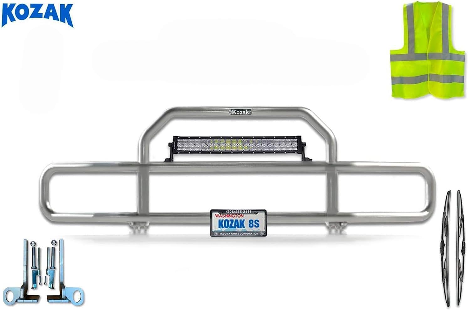 Chrome Front Grille Deer Moose Brush Bumper Guard with 22" LED Bar Compatible with Kenworth T680 2012-2021 Plus Mounting Brackets, Logo, 22'' Wipers, License Plate Holder and Frame, Vest