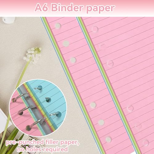 A6 Farbig Liniertes Nachfüllpapier, 100 Blatt / 200 Seiten, Nachfüllpapier Nachfüllbare Refill Paper Nachfülleinlagen für A6 6-Ringbuch-Notizbuch für Büro, Schule, Zuhause, 5 Farben
