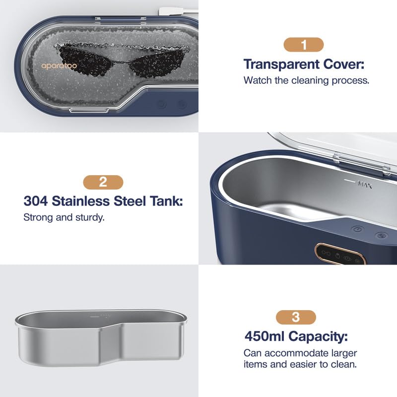 Miniatura 4 de Limpiador ultrasónico de joyas, limpiador ultrasónico de joyas de 15.2 fl oz con 4 ajustes de tiempo de 45 KHz, limpiador ultrasónico profesional