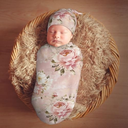 Image of Pink Vintage Floral Peony Floral Swaddle Blanket with Beanie Hat Set Newborn Swaddle Wrap Soft Baby Receiving Blankets Baby Swaddle Blanket for Baby Boys and Girls