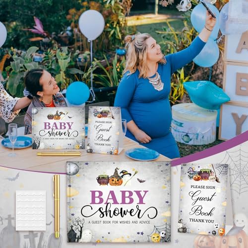 Image of Fuyoooo 27 Pcs Halloween Baby Shower Guest Book Baby Shower Sign in Guest Book Reception with Sonogram Page Keepsake Includes Gold Pen Table Card and Adhesive Photo Corner for Birthday