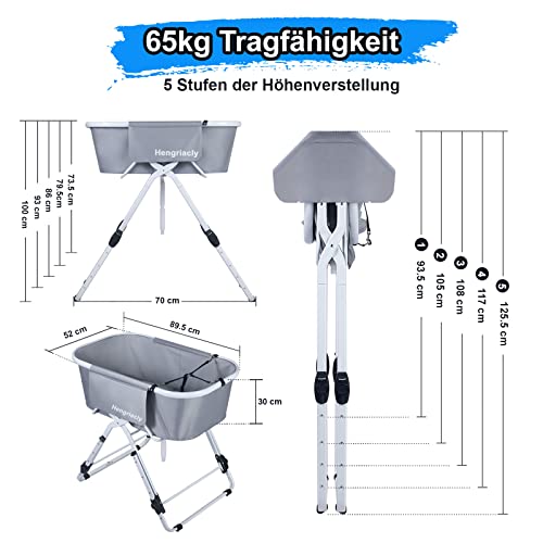 Hengriacly Hundebadewanne, Erhöhtes Haustierbadewanne, Höhenverstellbarer Haustierpflegewanne max. bis 65kg, Collapsible und Tragbare, Badewanne für kleine bis mittelgroße Hunde und Katzen (Grau)