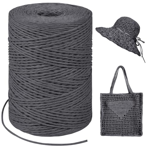 Image of Dark Gray Raffia Yarn for Crochet Bags, 1.5mm x 328 Yards Round String Raffia Ribbon for Gift Wrapping, Raffia Paper Ribbon Yarn for Crocheting Sun Hat, Bag, DIY Crafts, Holiday Decoration