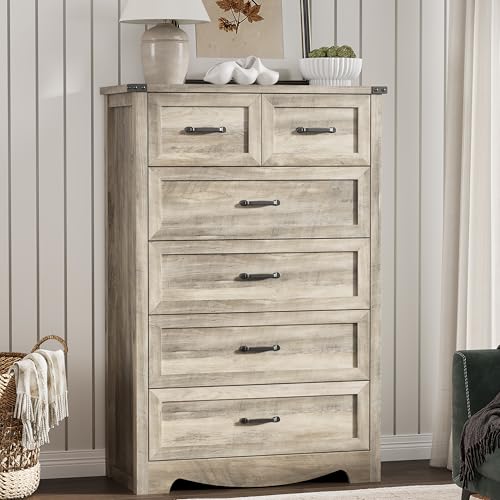 Image of Dresser for Bedroom with 6 Drawers, 46 inch Tall Wood Chest of Drawers with Deep Drawers & Mental Handle, Modern Dresser TV Stand, Wooden Closet Storage Organizer for Living Room, Hallway, Entryway, Grey