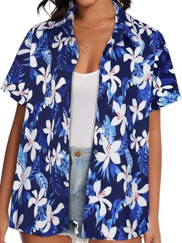 Image of Women Hawaiian Shirt Button Down Summer Tops Beach Short Sleeve Blouse
