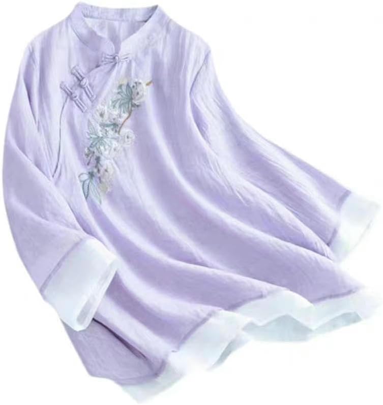 Women's Frog Button Embroidered Cotton Linen Shirt Chinese Style Mandarin Collar 3/4 Sleeve Loose Spring Summer Top