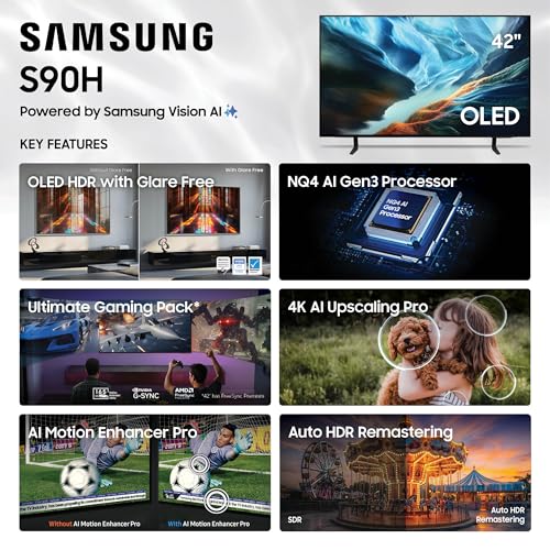 Image of Samsung 42-Inch Class OLED S90H Series Samsung Vision AI Smart TV (2026 Model, 42S90H) OLED HDR+ with Glare Free, NQ4 AI Gen3 Processor, 4K AI Upscaling Pro, AI Motion Enhancer Pro, Alexa Built-in