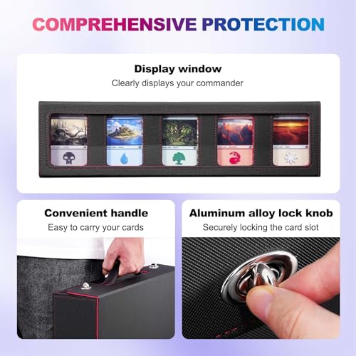 Image of UAONO Trading Card Storage Box with Commander Display, 5 Row Magic Card Box with Handle & Aluminum Alloy Locking for 3900+ Unsleeved Cards Suits for MTG PTCG TCG Sports Cards (Black Red)