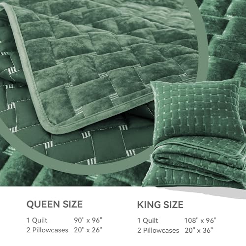 Image of Grassix Velvet Quilt Set Queen Size, Luxury Geometric Design, Dark Green | Lightweight Velvet Comforter with 2 Pillow Shams, Ultra Soft Bedspread Coverlet, Quilted Bedding Set for All Seasons, 90 inchx96 inch