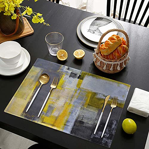 Atedeanei Washable Placemats Set Of 4,Abstract Yellow And Gray,For Dining Table ,Linen ,Easy To Clean, Kitchen Decor,18 X 12 Inches #TOP4