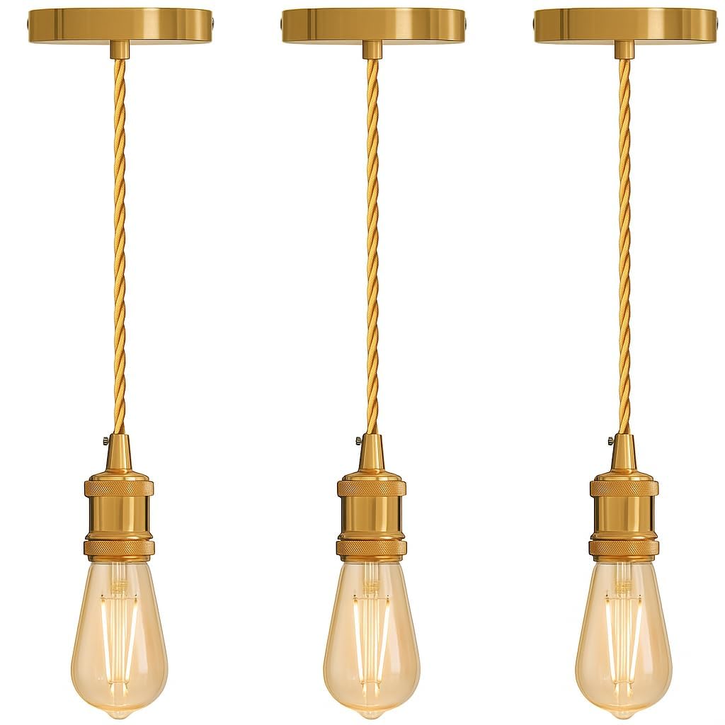 3 Pack French Gold E27 Pendant Light Fitting – Industrial Ceiling Lamp Kit with Adjustable Twisted Fabric Cable, Metal Holder & Ceiling Rose