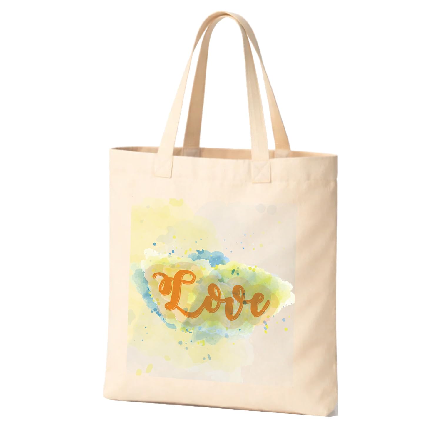 Beige tote bag with Love in orange script on a watercolor background, perfect for women, girls, and teens, Size 14 x 16in, Cotton Canvas, No Closure, Shoulder Strap-image-23