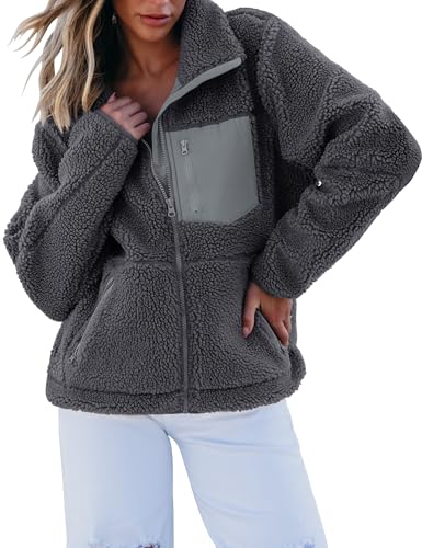luvamia Sherpa Jackets for Women Trendy Zip Up Long Sleeve Winter Fall Casual Warm Fleece Coat Jackets with Pockets