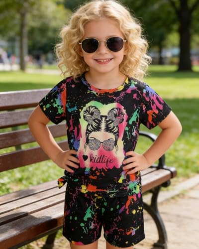Image of OLMRJKD Kid Toddler Girl Clothes Summer Short Sleeve Figure Graphic Tee Shirt + Shorts Summer Outfits Set