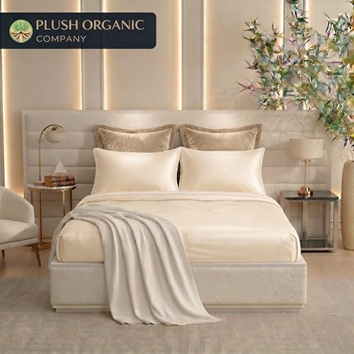 Image of Queen Luxury 4 Piece Bedsheet Set, Ivory with White Piping, Cooling Resort Bedding, Deep Pockets, Ultra Soft, Viscose derived from Bamboo, Organically Grown, 300 Thread Count