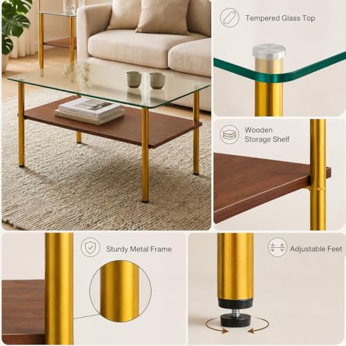 Image of 3 Piece Coffee Table and End Table Set, Living Room Table Set with Tempered Glass Top,Wooden Storage Shelves & Golden Metal Legs, 2-Tier Coffee Table Set of 3,Easy Assembly for Apartment Small Space