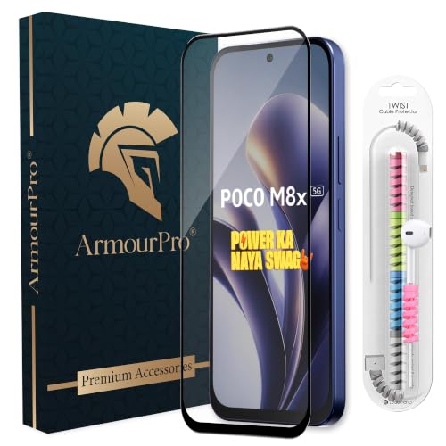 Image of ArmourPro Military-Grade Tempered Glass for Poco M8x - 9H Anti Scratch, Edge-to-Edge Coverage, HD Clarity, Smooth Touch, Case Friendly, Easy Installation Kit with Cable Protector