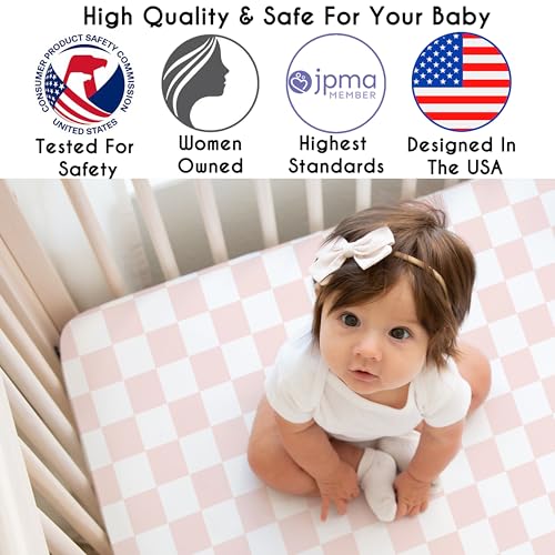 Image of Sweet Jojo Designs Fitted Baby Crib Sheets (Pink Gingham Checkered) for Girls, Infant Nursery, Toddler Room - Standard Size (Neutral, Plaid, Vintage, Modern, Check, Blush & White, Geometric, Retro)