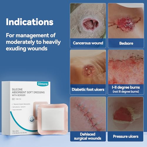 Image of Dimora 20 Count Silicone Super Absorbent Wound Dressing - Gentle Border 5 inch x 5 inch Adhesive Bandages for Diabetic Foot Ulcers, Heavy Exudate Wound Care Pads with Ultrasorb Polymer