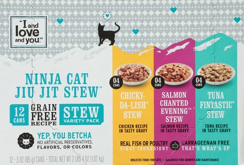 Image of I AND LOVE AND YOU Wet Cat Food - Ninja Cat Jiu JIT Stew Variety Pack - Chicken, Salmon, Tuna, Grain Free, Filler Free, 3oz (Pack of 48)