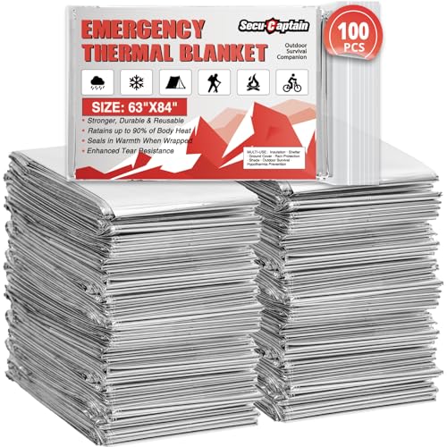 Image of SecuCaptain Survival Emergency Thermal Blankets: 100 Pack Extra Large 84 inch x63 inch Space Mylar Blanket Kit for Outdoor Cold Winter Camping Hiking Car Bug Out Bag or First Aid