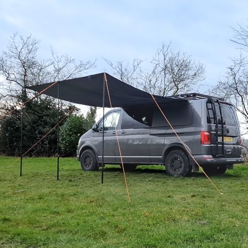 Debus Campervan Sun Canopy V2.0 Waterproof Lightweight Van Awning for VW Transporter & C-Rail Vans | 8m UPF Sun Shade Shelter with Aluminium Telescopic Poles Midnight Black