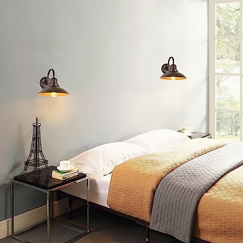 Image of GOLDHILL 10.5 inch Bronze Gooseneck Metal Outdoor Barn Light 2-Pack, Powder Coated Anti-Rust Farmhouse Exterior Wall Sconce with Gold Interior, Wet Location Rated for Porch, Garage, Bathroom Vanity