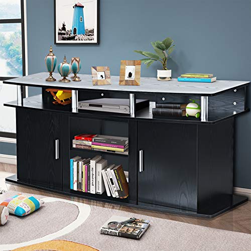 Tangkula Modern TV Stand for TVs up to 70 Inches, Living Room Console Table w/2 Cabinets & Open Shelves, Media Entertainment Center for 18 Inches Electric Fireplace (Not Included) (Black) - Image 4