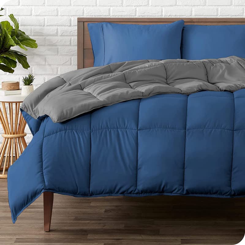 Luxurious Soft Microfibre All Weather 220 GSM Reversible Single Bed Comforter Blanket Quilt Razai (60x90 Inches, Blue & Light Grey)