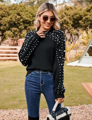 Image of Blooming Jelly Women's Chunky Sweater Crewneck Sweatshirt Knit Lantern Sleeve Oversized Pullover Sweater with Pearls