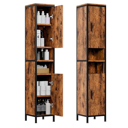 ELUCHANG Mueble Baño,Columna Estrecho,Armario baño Alto con 4 Puertas,Estantes Ajustables,Mueble Auxiliar baño Compartimentos Abiertos,para Espacios Pequeños,Cocina, Salón,30X30X174,Vintage+Negro
